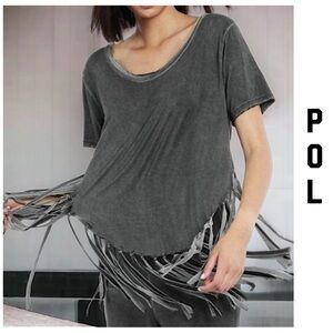 (1)New POL Boho Western Charcoal Gray Fringed Cropped Tee Shirt